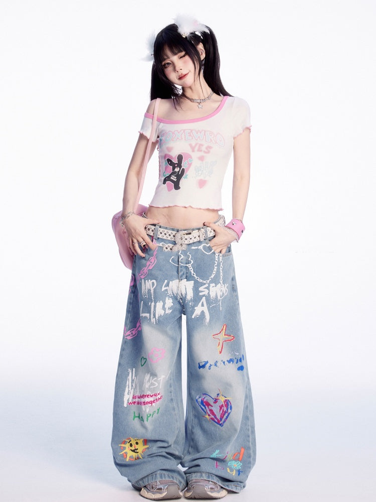 Asymmetrical Neckline Cute Bunny Print Pink Lettuce Hem White