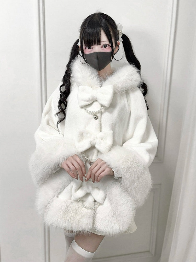 Hooded Bow with Decor Bead Kei White Cape Furry Chain Jirai