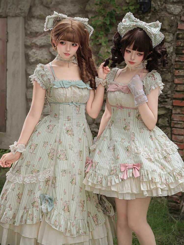 Striped Lace Dress with Floral Print in Green and Pink - With PUJI