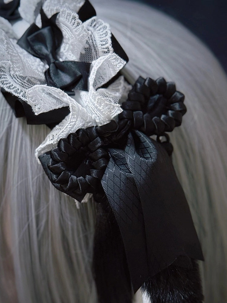 Droopy Black Alternative in Ear White Plush with KC Maid-style Lace Bunny Style