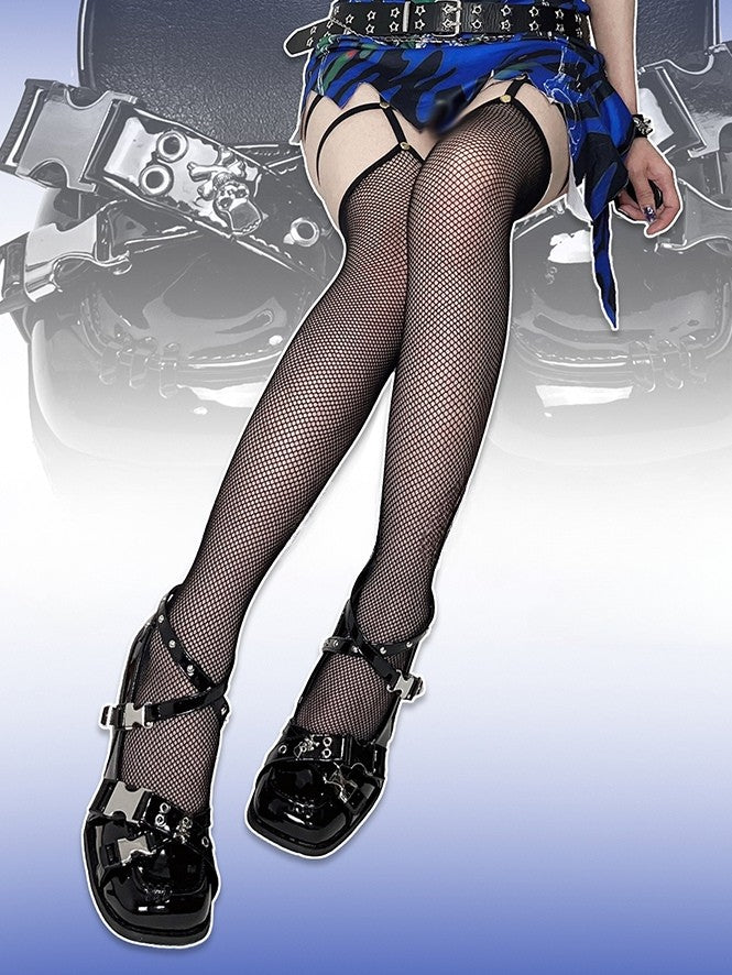 PU Punk Crisscross Details Janes Schwarze High-Heel-Riemen mit Nieten, quadratische Zehenpartie mit Mary -