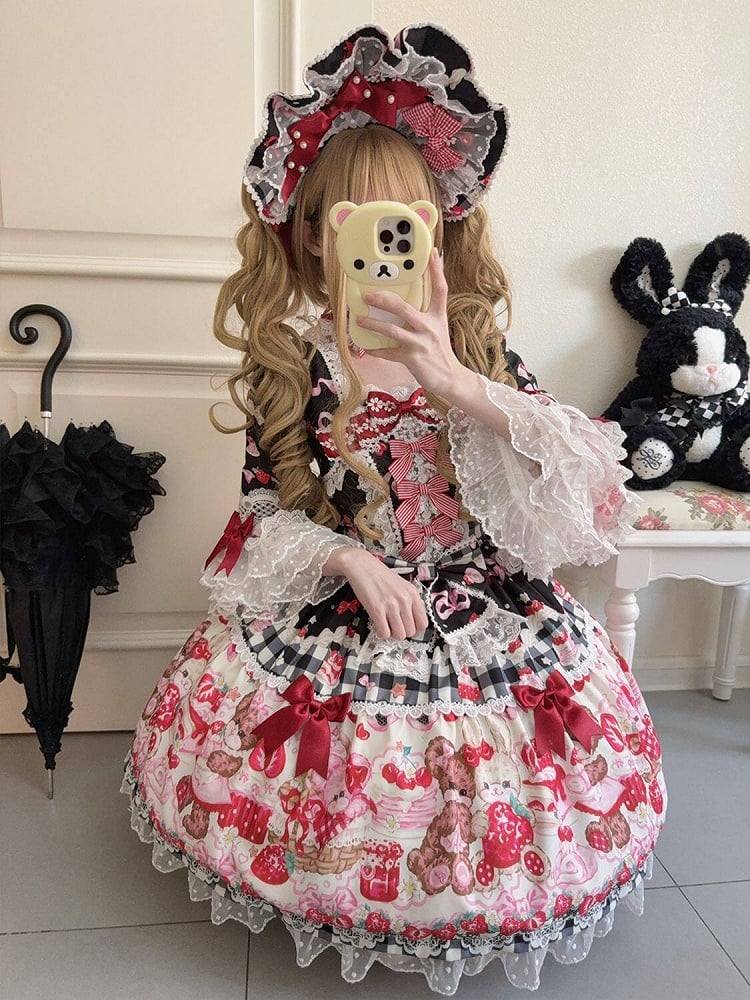 Black Bell Sleeves Sweet Lolita OP Dress with Strawberry Desserts Print - Miss Han