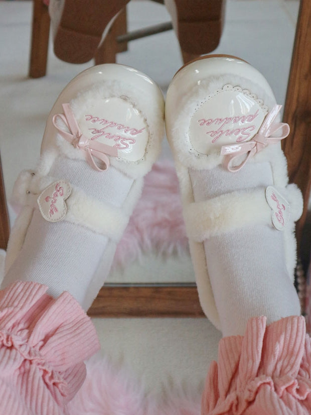 Flats Heart Button Snap with Embroidery Letter Accents Sweet PU Beige Cozy Fleece Lining