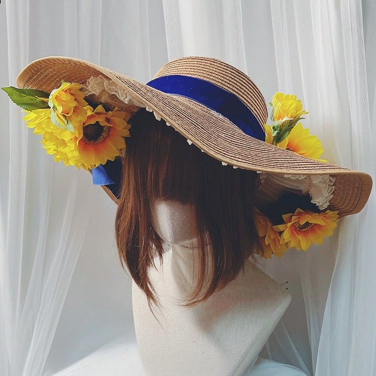 Straw Decorated BlueYellow Hat Sunflower