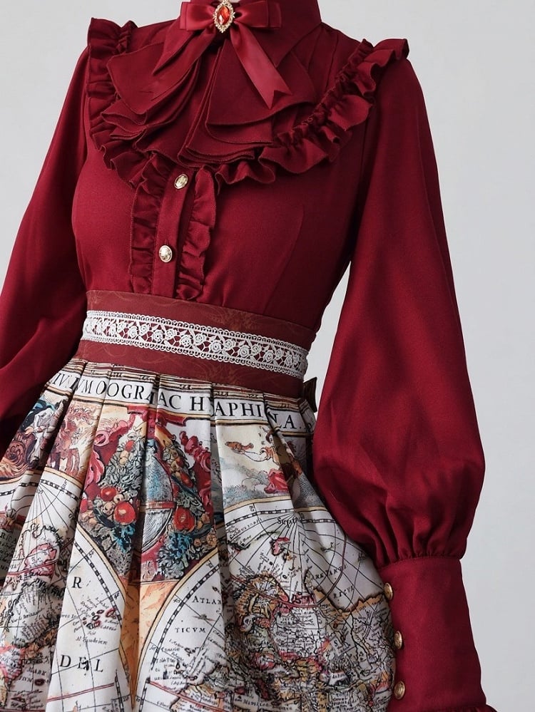 Wine Red Vintage Flounce Hem Elegant Lolita Blouse with Puff Sleeves