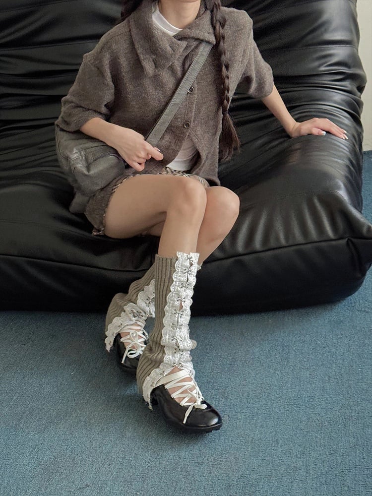 Lace-Up Knit Leg Warmers Ruffled