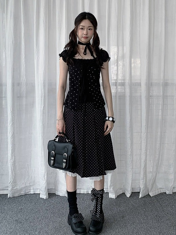 Black Square Neck Puff Sleeve Top with Tie Details - Solkatt