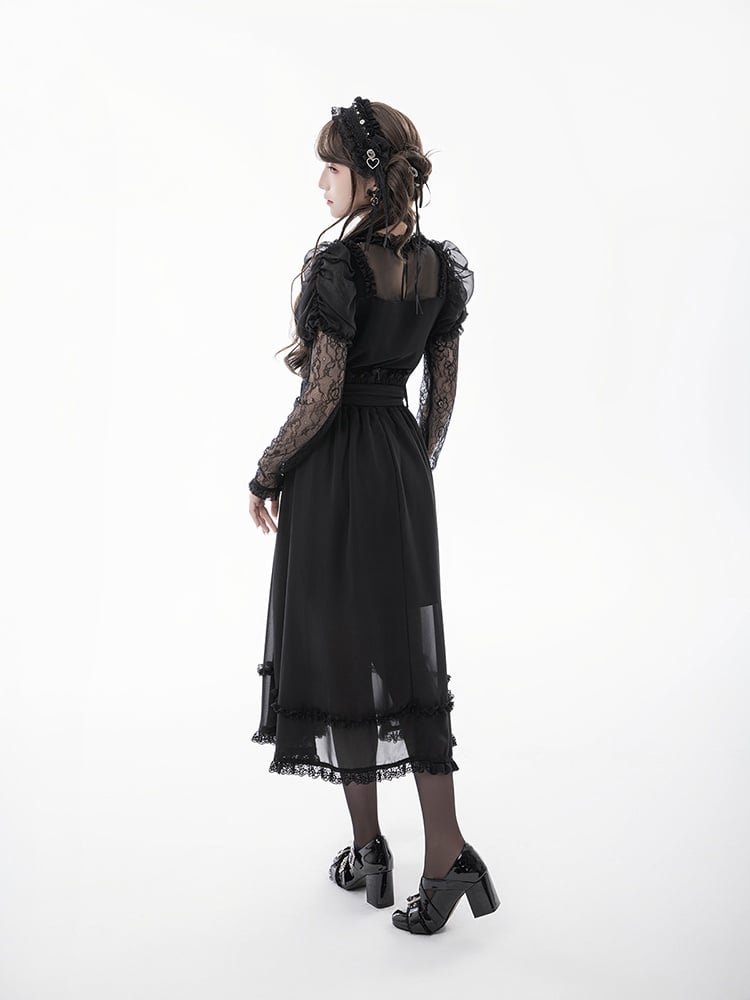 バックルベルト付きスカート ブラック ハイウエスト メッシュオーバーレイ