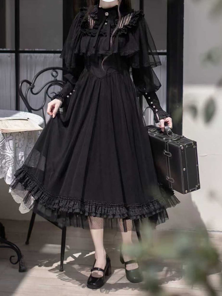Dot All-Black Dress Cape Kuro Lolita with Dark Elegant Design Tulle