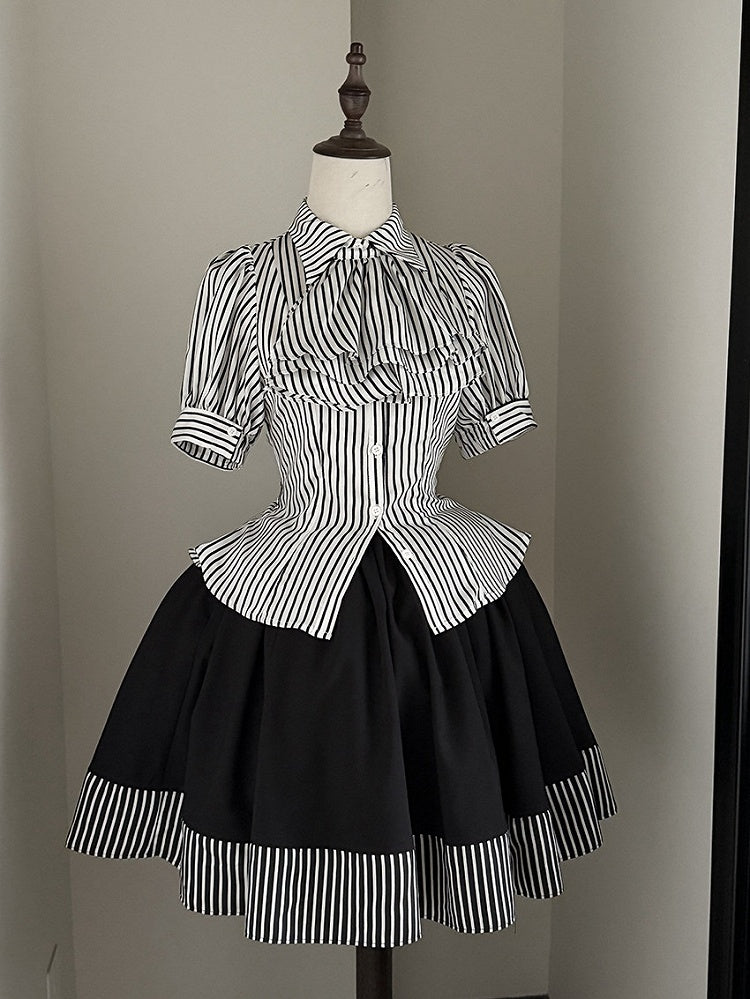 Gothic Lolita Short Sleeves White Striped Blouse Jabot Tie - Flower Fairy Daily