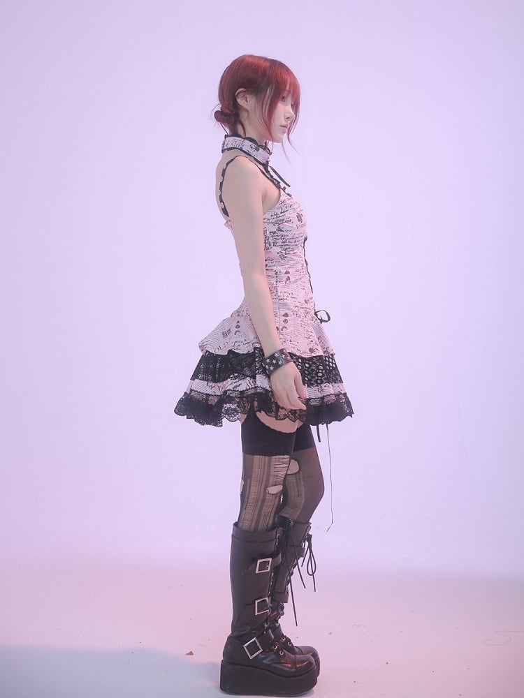 ピンクプリントのノースリーブレーストリムパンクロックドレス