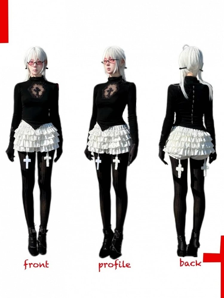 Gothic Black Coffin Cutout Cross Detail Modal High Neck Top Asymmetrical Hem