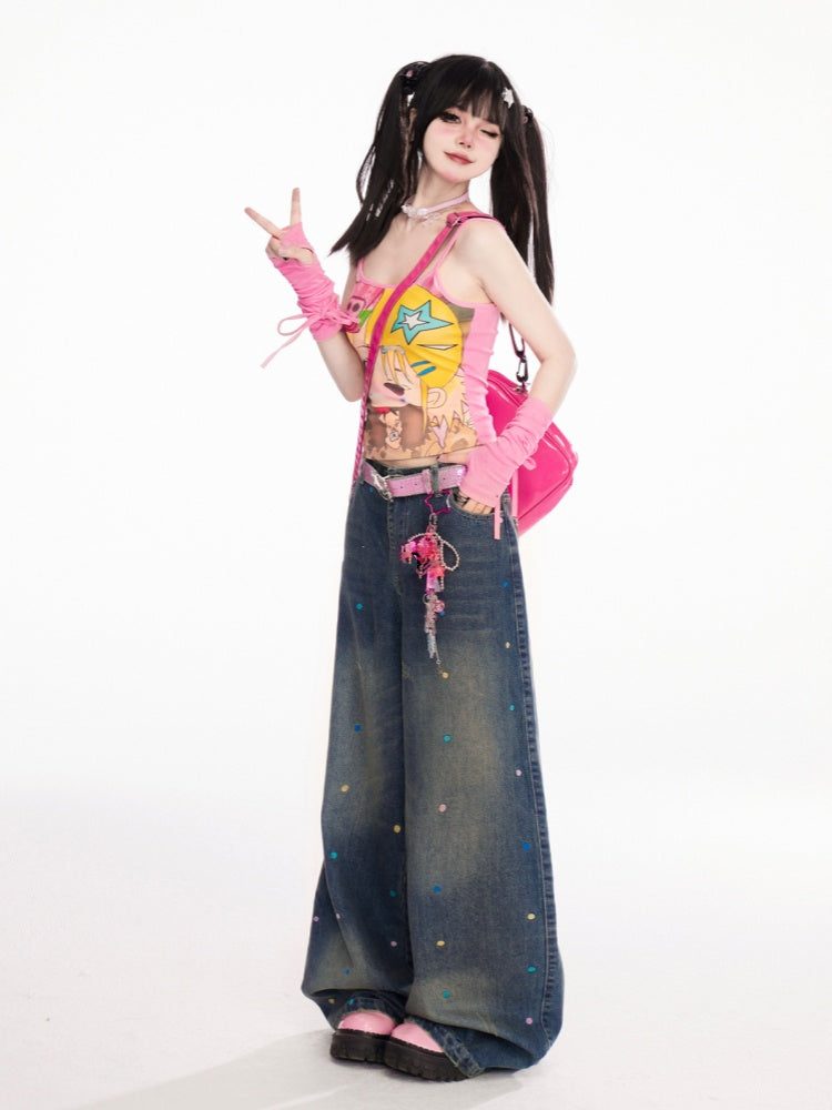 カラフルな水玉模様のダークブルーのダメージ加工ワイドレッグジーンズ