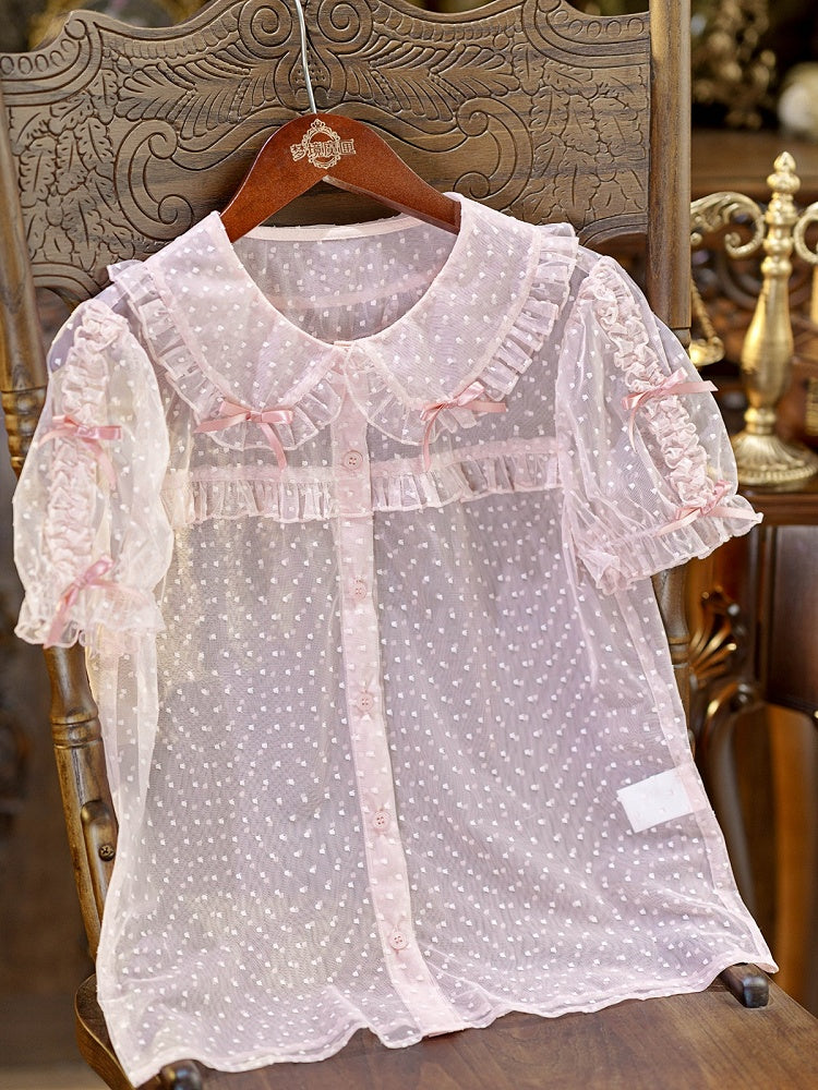Pink Peter Pan Collar Polka Dot Sheer Tulle Blouse - Dream Magic Box
