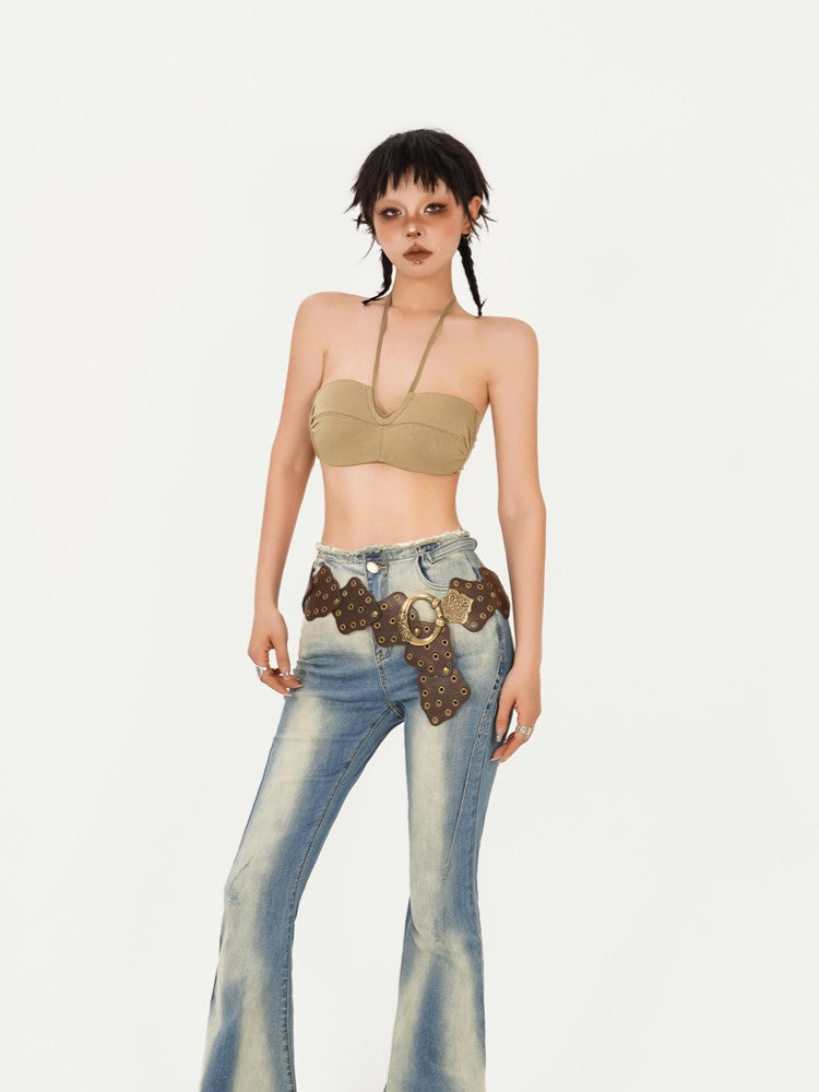 Bustier Sexy Design Anti-Slip Back Strapless Fit with Khaki Halter Neck Push-Up