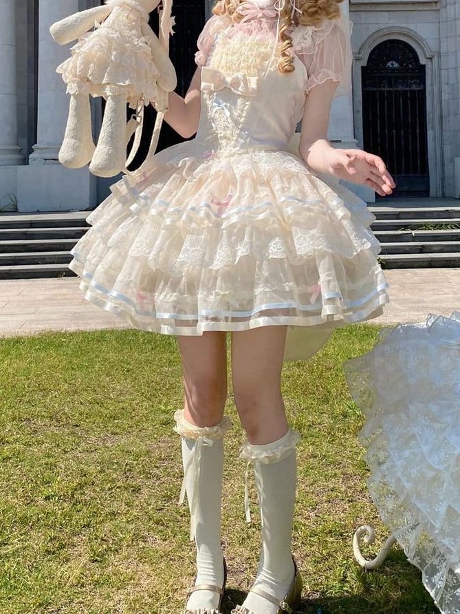 Tüll-Lolita-Korsettrock, Prinzessinnen-Lagenrock, Aprikose, große Taille, mit Schleife hinten, JSK