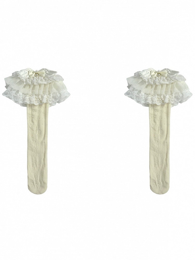 Lace Trim Bowknot Lolita Calf And Beaded Decorated Socks Beige Wings