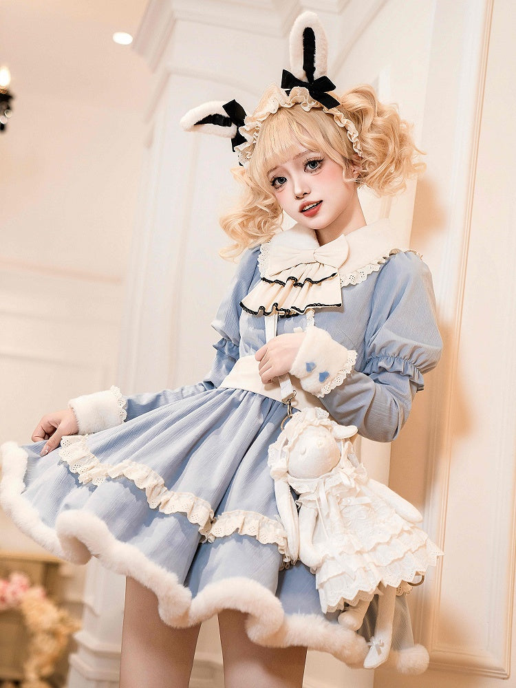 Plush Collar and Cuffs Alice Blue Sweet Lolita Dress with Removable Bunny Ears and Tail Back