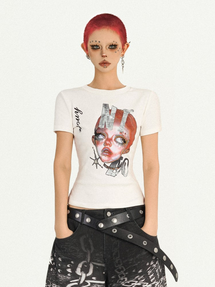 Punk White Graphic T-shirt Slim-Fit Girl Redhead