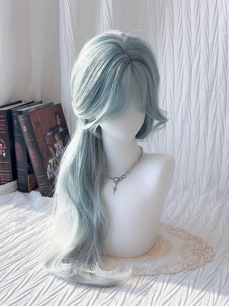 with Curtain Blue Wavy Ombre Mint Bangs Long Wig 70CM