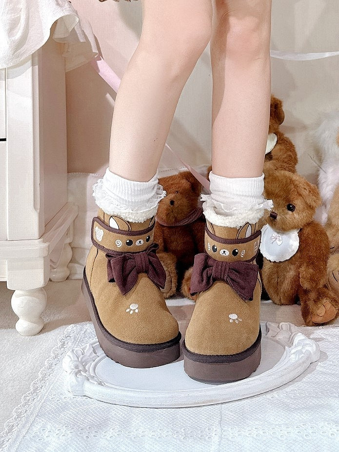Winter Lolita Fleece Sweet Bear Ankle Brown Themed with Lining Boots