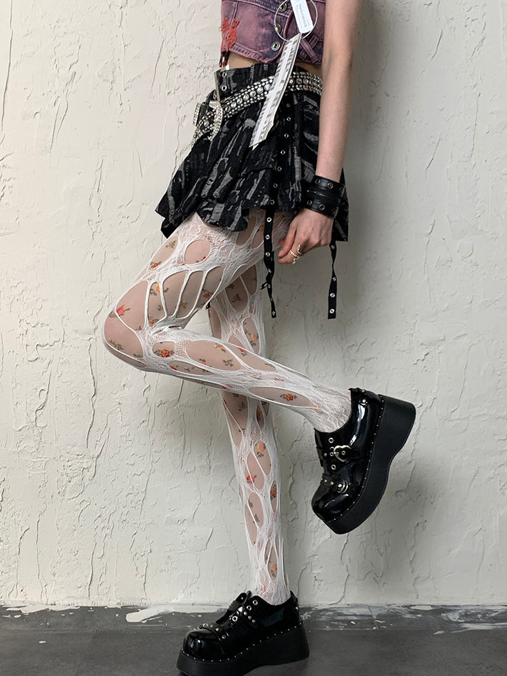 Cut-out Floral Design Y2K + Tights White Pattern