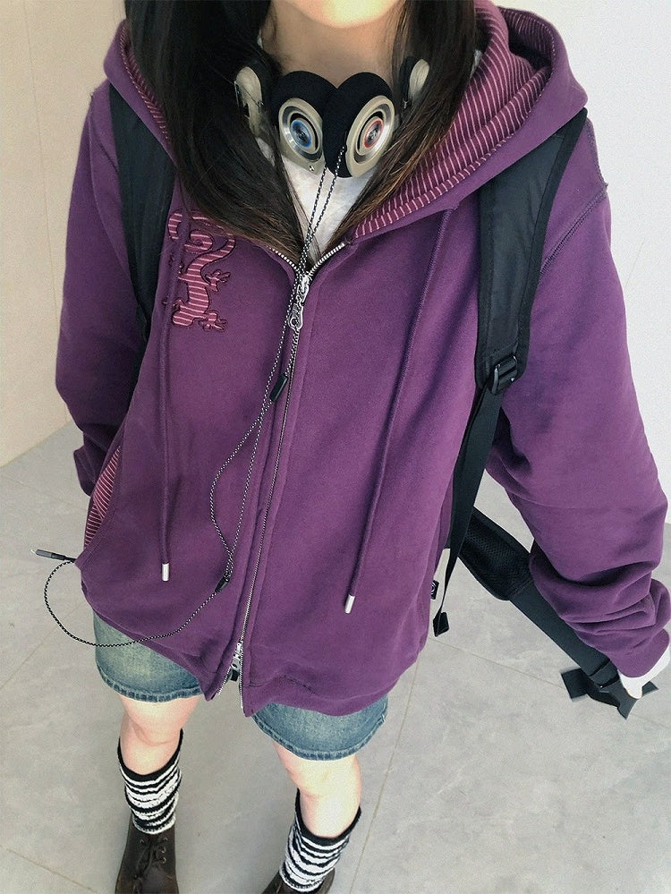 Retro Fall Dark Purple Hooded Zip Jacket with Gecko Motif and Striped Accents - innomoood
