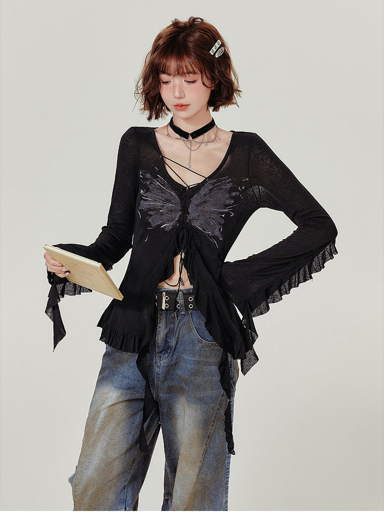 Black Butterfly Print Long Sleeve V-neck Knit Cardigan with Inner Top - Girlyhalo