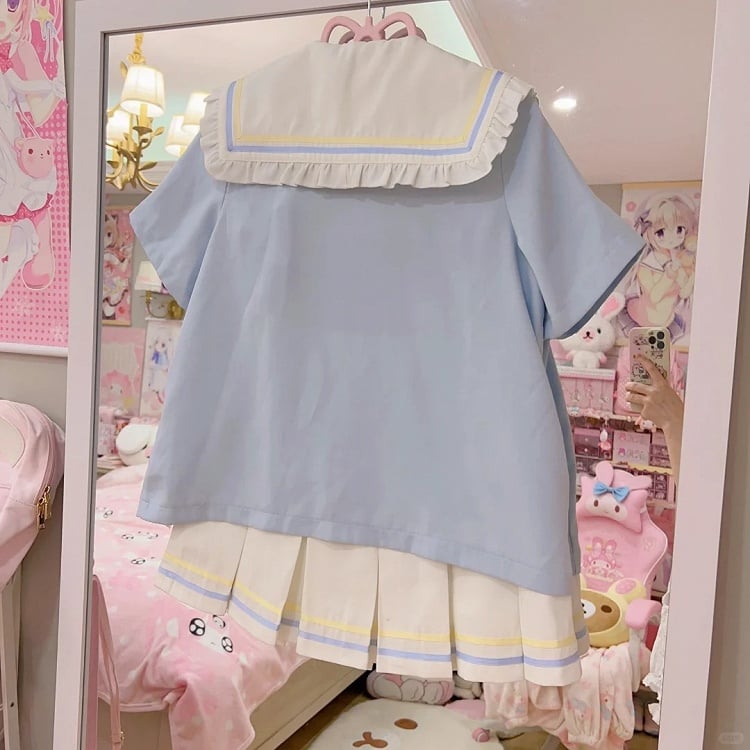 Sailor Bunny Collar Design Light Blue Cloud T-shirt Pockets and