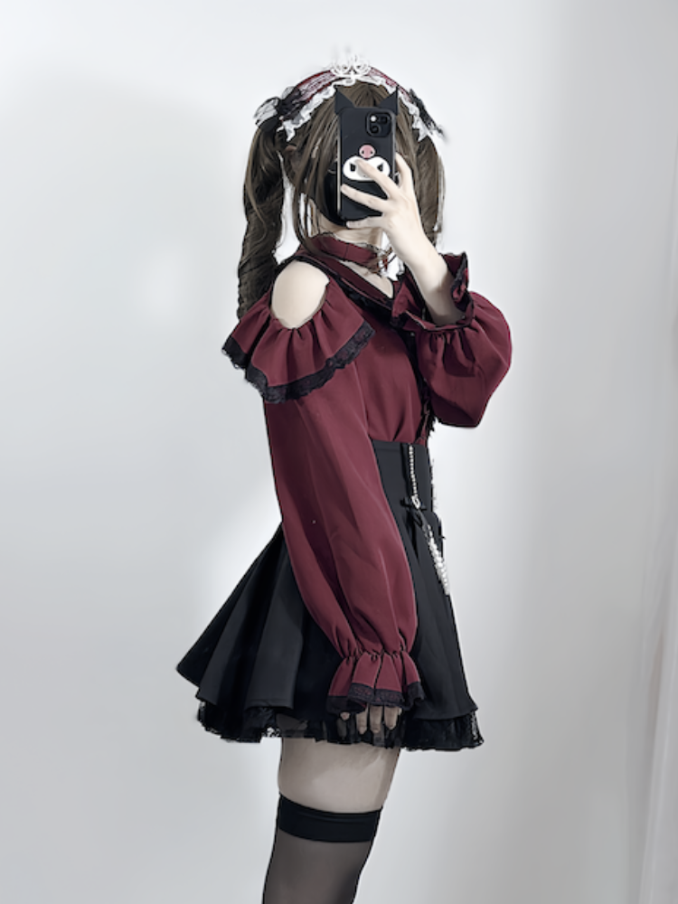 ジライケイ ピーターパンカラー カットアウトショルダー コントラスト 取り外し可能チョーカートリム ブラウス ブラック ワインレッド デザインレース