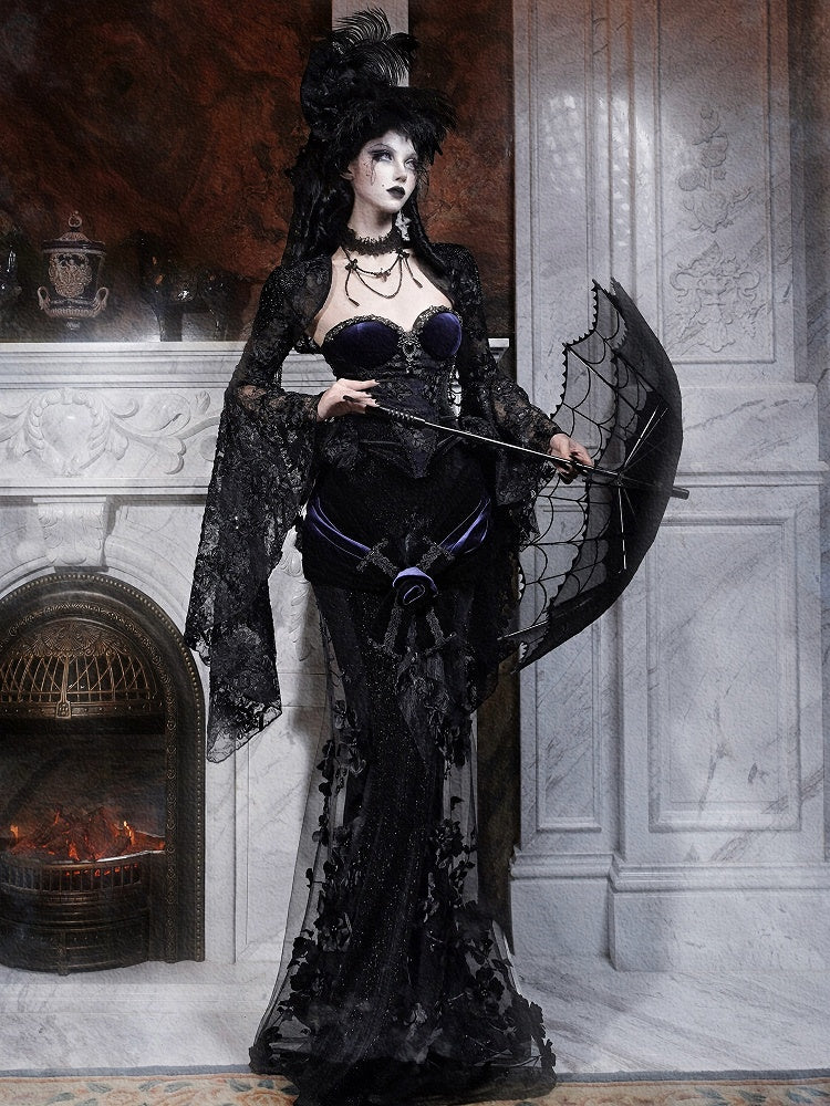 Bow Gothic Hat Velvet Detachable Veil High-Top and Lace with Black Feather