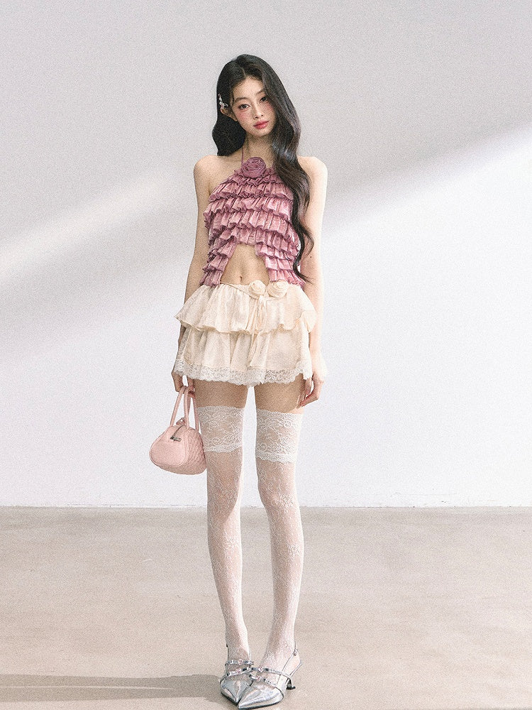 Halter Neck Top Apricot/Pink Decorated Tiered Ruffles Floral