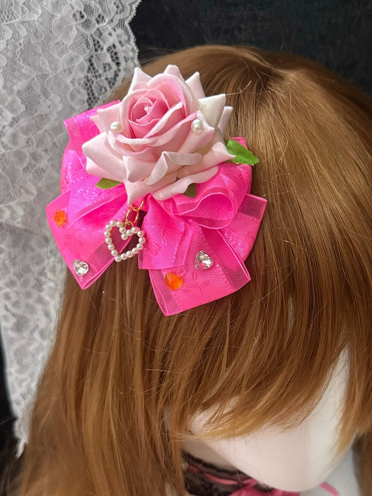 Red Design Floral Bowknot Rose Details Hairclip Heart