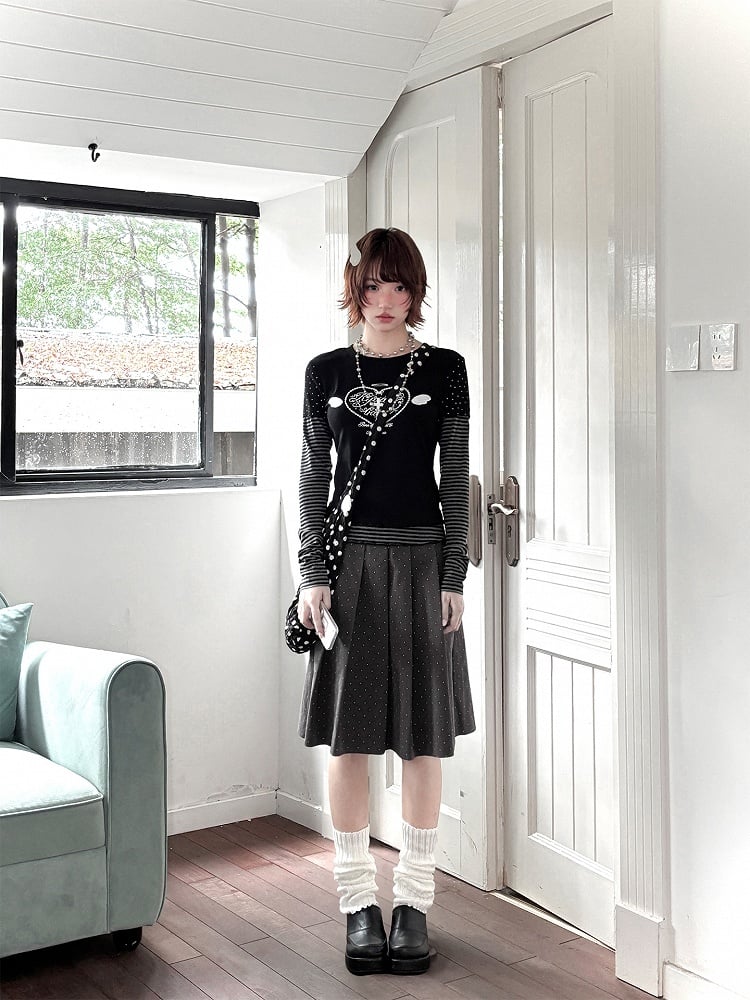 Heart Gray Striped Two-pieces Print with Top Faux Corss Black