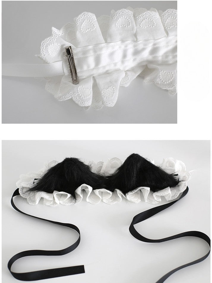 BlackWhite/All With Lolita White Ruffled Clips Plush Hairband Ear Kitty Sweet