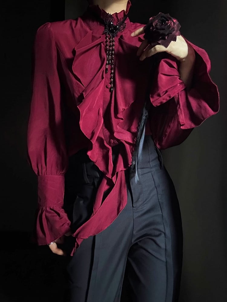 Poet Accents Lolita Vintage Sleeves Unisex Cascading Ouji with Ruffle Shirt Red