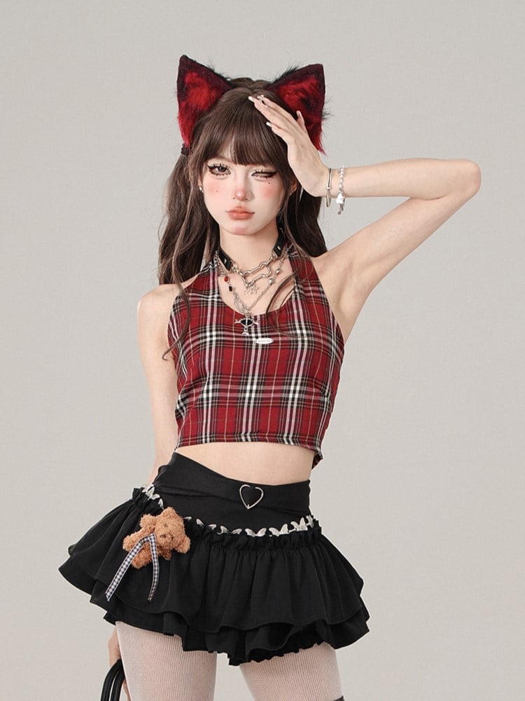 Red Plaid Halter Neck Crop Tank Top - Adorable Slimming