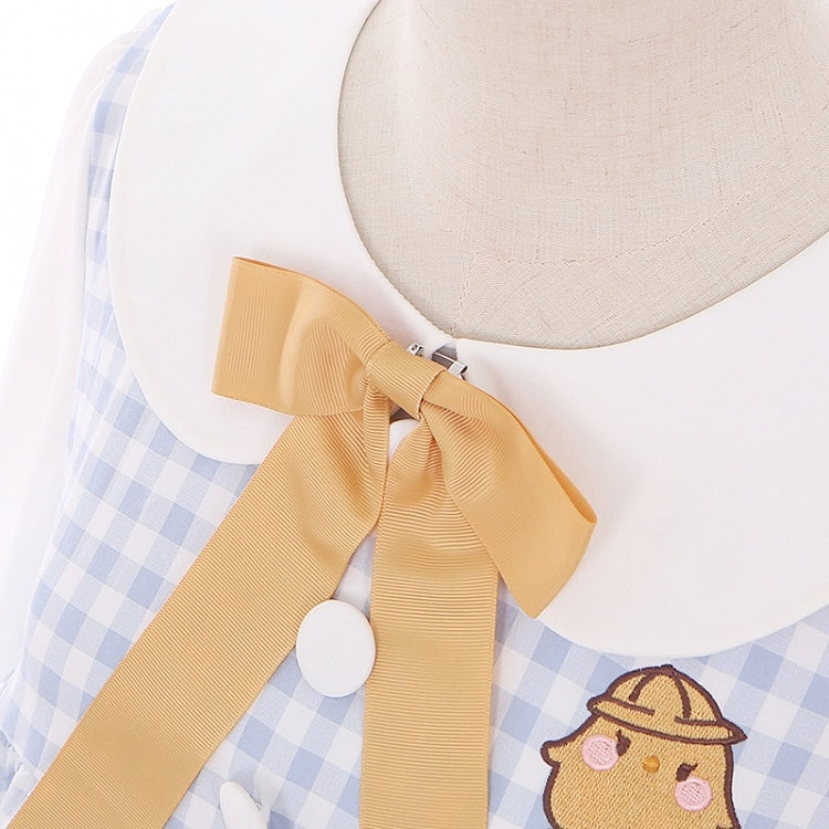 Süßes hellblaues kariertes Kleid mit Peter-Pan-Kragen und langen Ärmeln