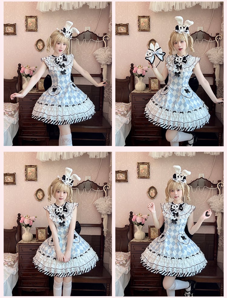 Wonderland Alice Blue Diamond Pattern Bunny Ears Hat Vibes in