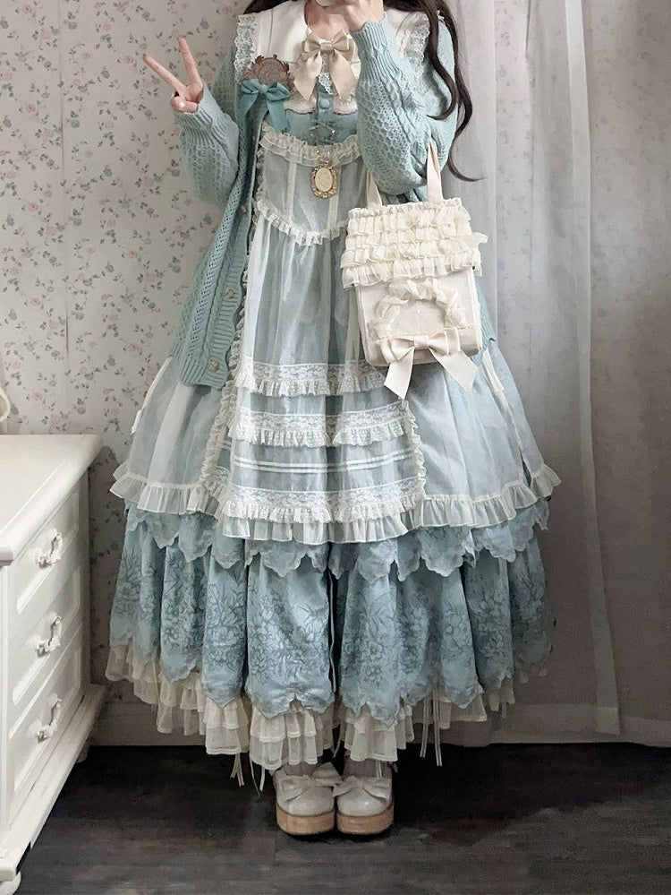 Jumper with Trim Scallop Skirt Blue Classic Layered Print Embroidered Lolita Floral