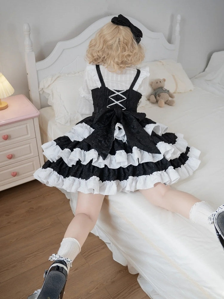 with Waist Tiered White Cute JSK Ruffle Bow Lolita Decorations Black and Boned