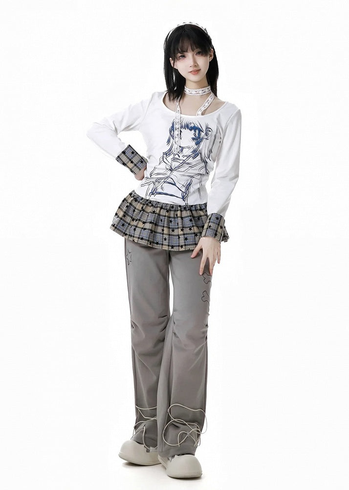 Pants Straight-leg Black/Gray Bittersweet Bone and Star Embroidery Cuffs Drawstring