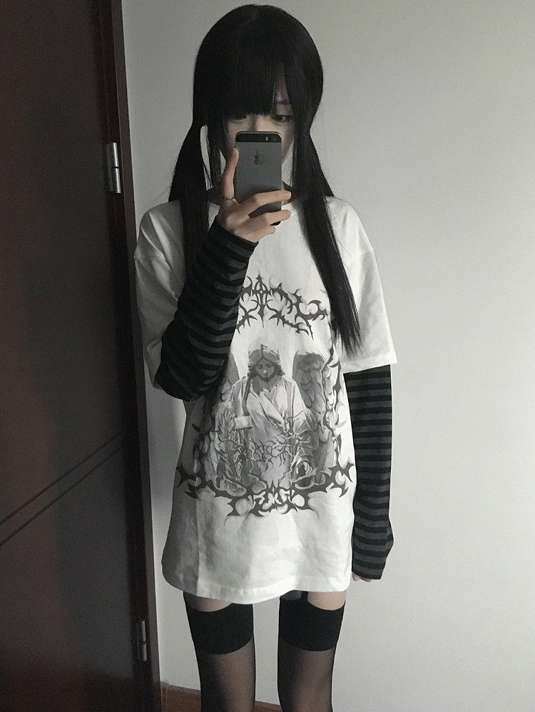 White Dark Kawaii Striped Sleeves Graphic T-shirt