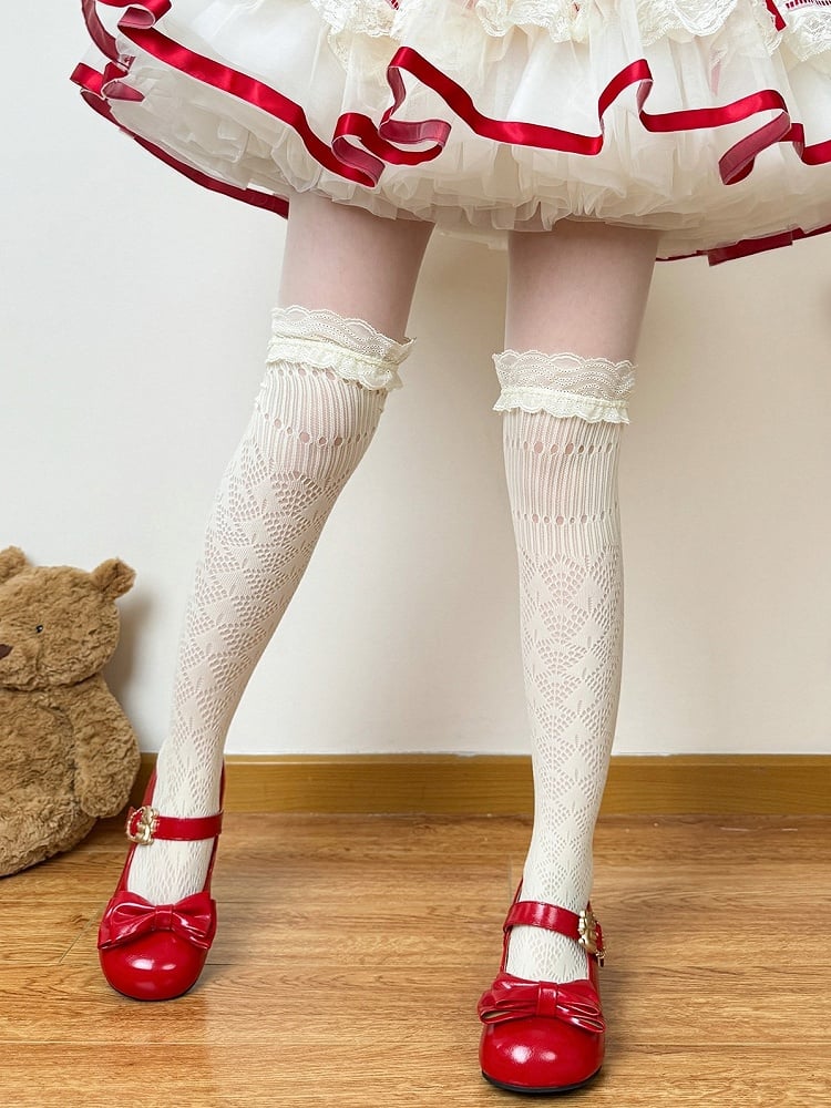 Overknee Stockings in White and Milk Yellow with Lace Accents - Fat Bear Story
