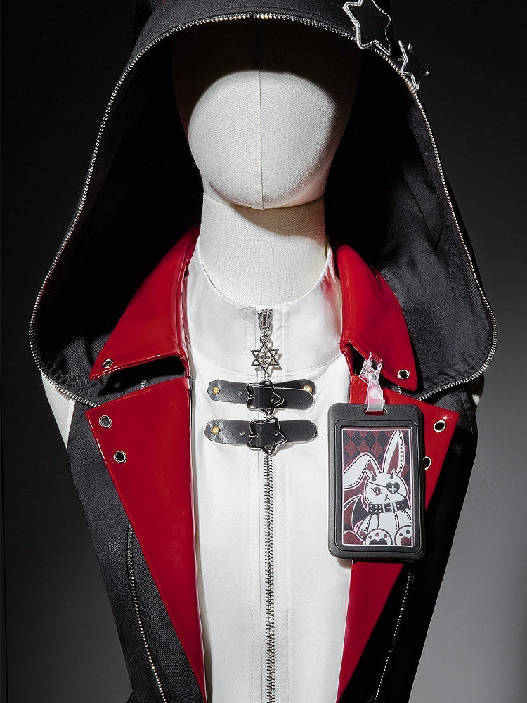 Punk Rock Bunny Theme Hooded Lolita Coat in Black and Red with Chain Accents - Xiong Dou Jiang