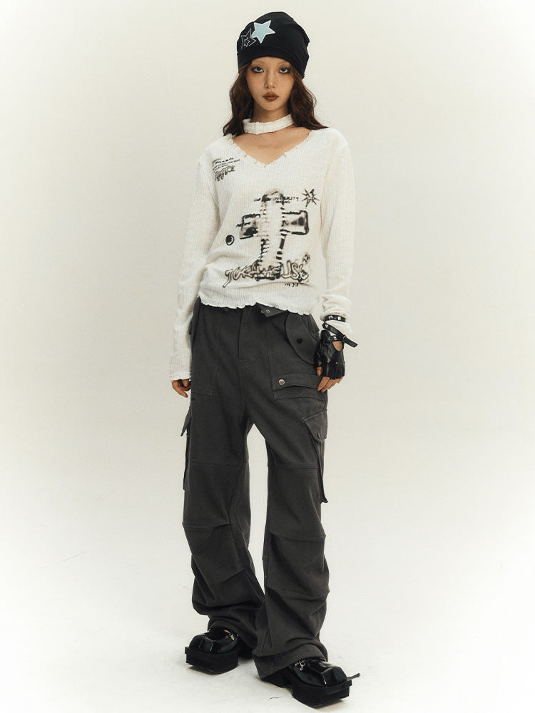 Weißer Pullover Choker Cross V-Ausschnitt Punk mit