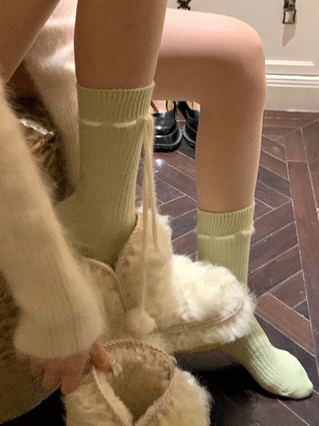 Khaki/Rot/Weiß/Grau/Grün Süße Wadensocken mit Pompons