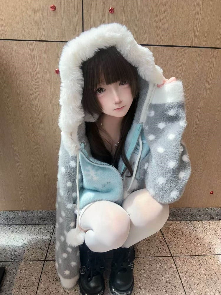 Daily Kawaii Drawstrings with Jacket Pattern Dot Pom-pom Sl;eeves Polka Hoodie Blue Plush