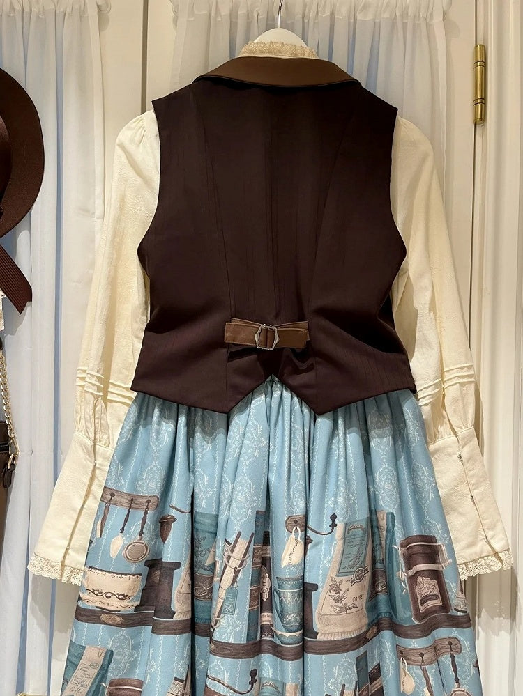 Brown Lapel Collar Coffee Cup Embroidery Striped Elegant Waistcoat - Dream Whale
