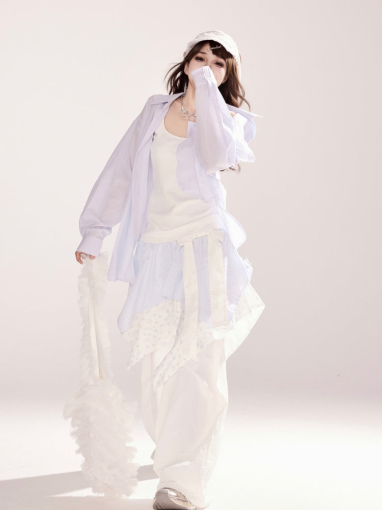 Two-pieces Waist Handkerchief Hem Wide-leg Pants White Low Faux